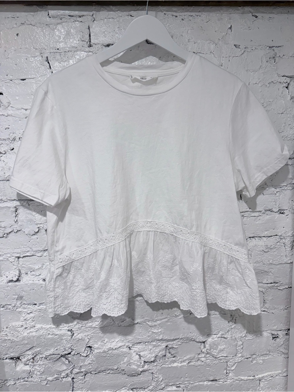 Mango White Short Sleeve Lace-Trim Peplum Top